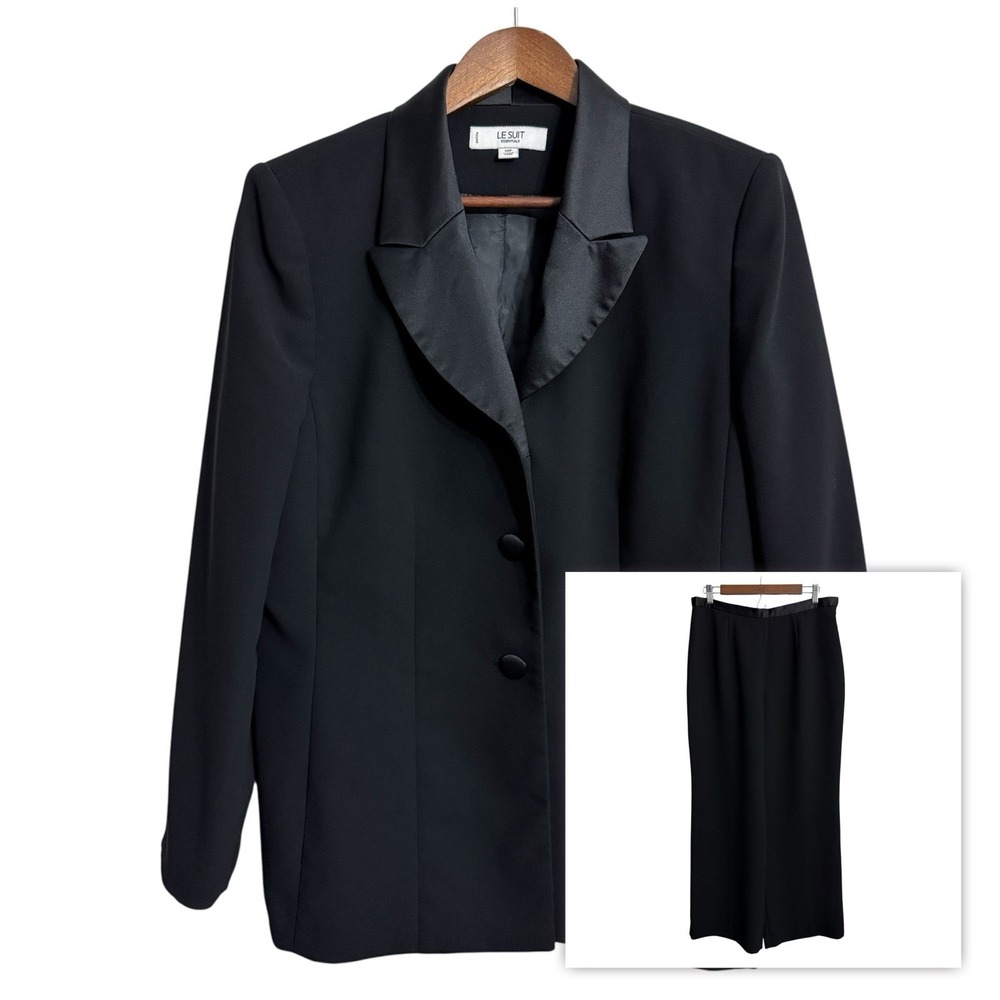 Le Suit blazer pant suit set women's 14P petite black 2 piece formal satin trim